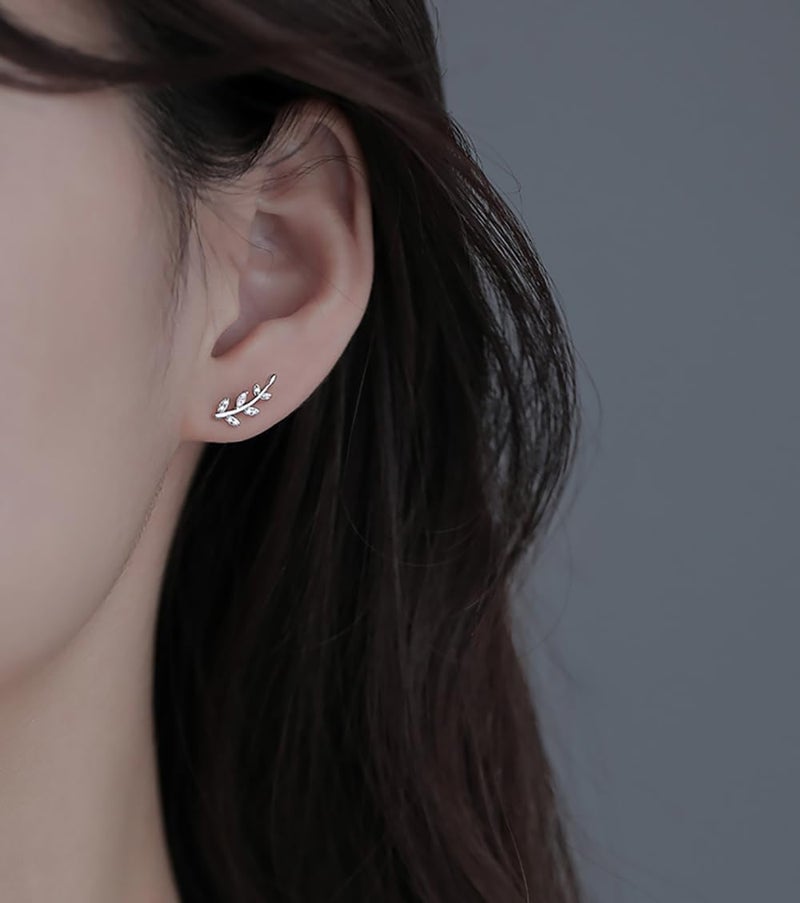 Reffeer Solid 925 Sterling Silver Leaf Crawler Stud Earrings for Women Teen Girls Crystal Leaf Stud Earrings - Image 1